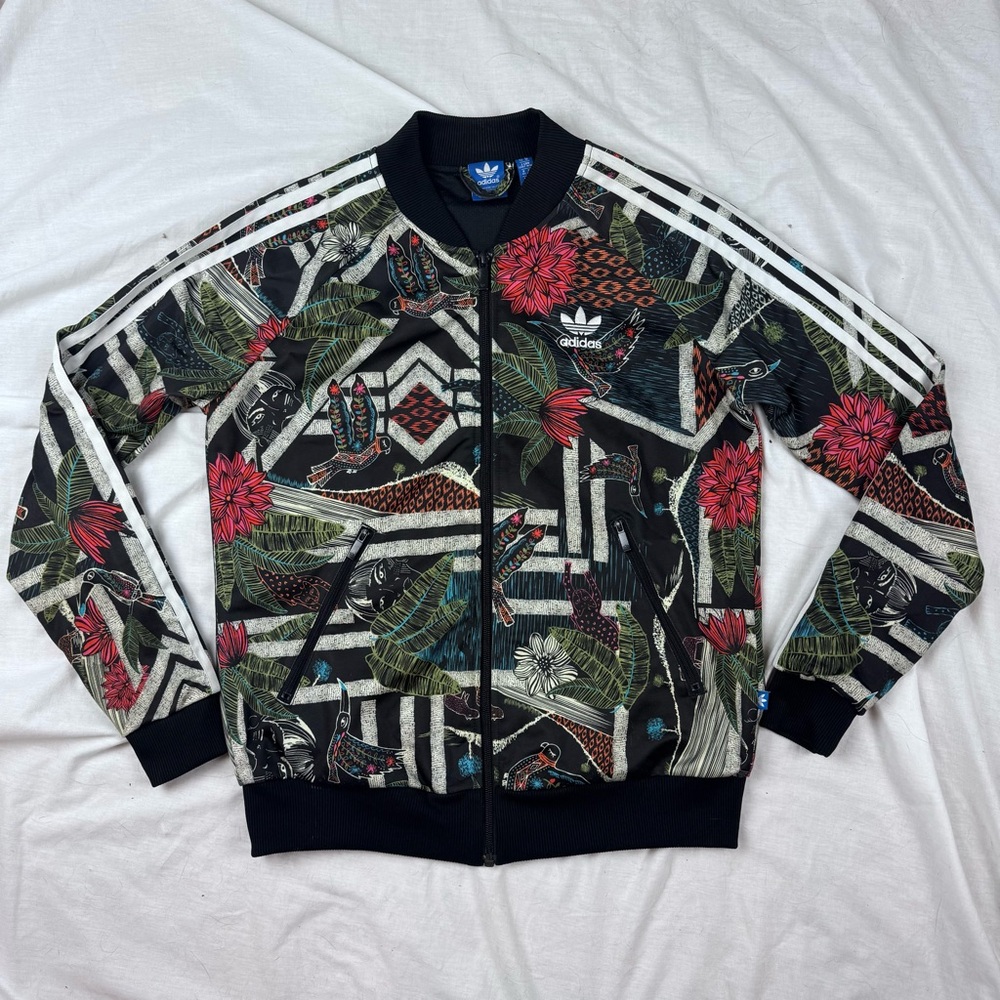 Adidas Farm Rio Track Jacket Womens M Black Floral Bird Print Trefoil Bomber Zip